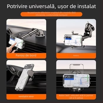 Suport pentru telefon auto cu ventuză, universal pentru vehicule, telescopic, rotire la 360° pentru panoul de bord
