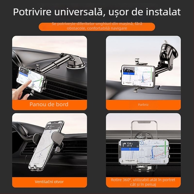 Suport pentru telefon auto cu ventuză, universal pentru vehicule, telescopic, rotire la 360° pentru panoul de bord