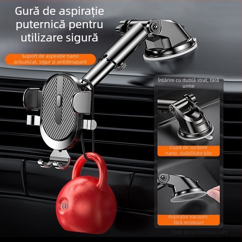 Suport pentru telefon auto cu ventuză, universal pentru vehicule, telescopic, rotire la 360° pentru panoul de bord