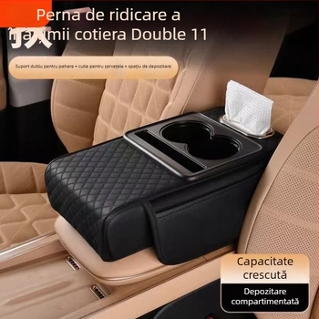 Cutie pentru cotieră auto cu compartiment pentru șervețele, pernă din spumă cu memorie, piele, potrivire universală
