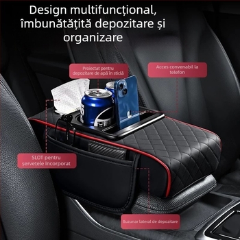 Cutie pentru cotieră auto cu compartiment pentru șervețele, pernă din spumă cu memorie, piele, potrivire universală