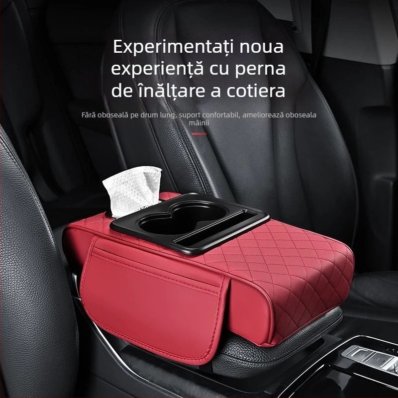 Cutie pentru cotieră auto cu compartiment pentru șervețele, pernă din spumă cu memorie, piele, potrivire universală