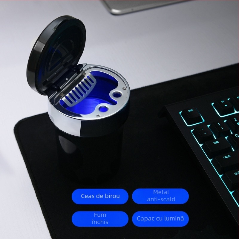 Scrumiere auto cu LED, din metal + ABS, model Y-B005, greutate aproximativă 225 g