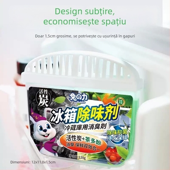 Deodorizant pentru frigider cu cărbune activ, 120 g, 48 pachete, parfum cu polifenoli de ceai verde; ingrediente principale: extracte vegetale, surfactanți, agenți de gelifiere, polifenoli de ceai; elimină mirosurile și menține frigiderul proaspăt.