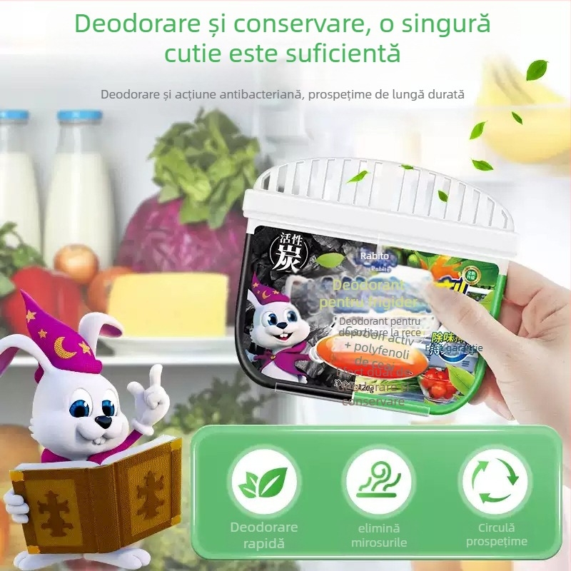 Deodorizant pentru frigider cu cărbune activ, 120 g, 48 pachete, parfum cu polifenoli de ceai verde; ingrediente principale: extracte vegetale, surfactanți, agenți de gelifiere, polifenoli de ceai; elimină mirosurile și menține frigiderul proaspăt.