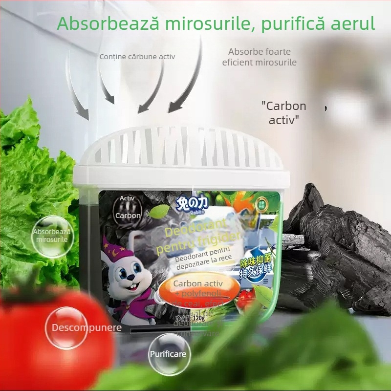 Deodorizant pentru frigider cu cărbune activ, 120 g, 48 pachete, parfum cu polifenoli de ceai verde; ingrediente principale: extracte vegetale, surfactanți, agenți de gelifiere, polifenoli de ceai; elimină mirosurile și menține frigiderul proaspăt.