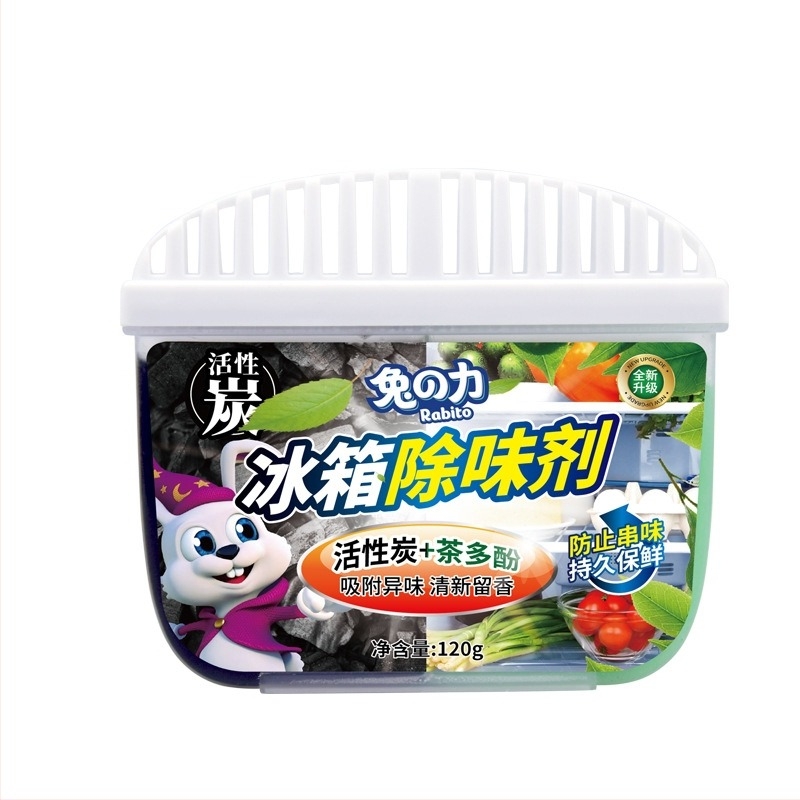 Deodorizant pentru frigider cu cărbune activ, 120 g, 48 pachete, parfum cu polifenoli de ceai verde; ingrediente principale: extracte vegetale, surfactanți, agenți de gelifiere, polifenoli de ceai; elimină mirosurile și menține frigiderul proaspăt.