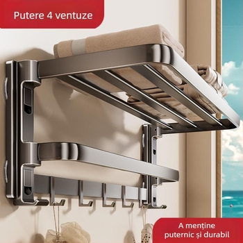 Raft de prosoape cu ventuză, fără găuri, cu suport de agățare integrat, cu două niveluri, detașabil, încărcare 10 kg