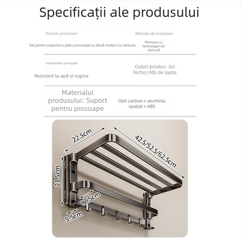 Raft de prosoape cu ventuză, fără găuri, cu suport de agățare integrat, cu două niveluri, detașabil, încărcare 10 kg