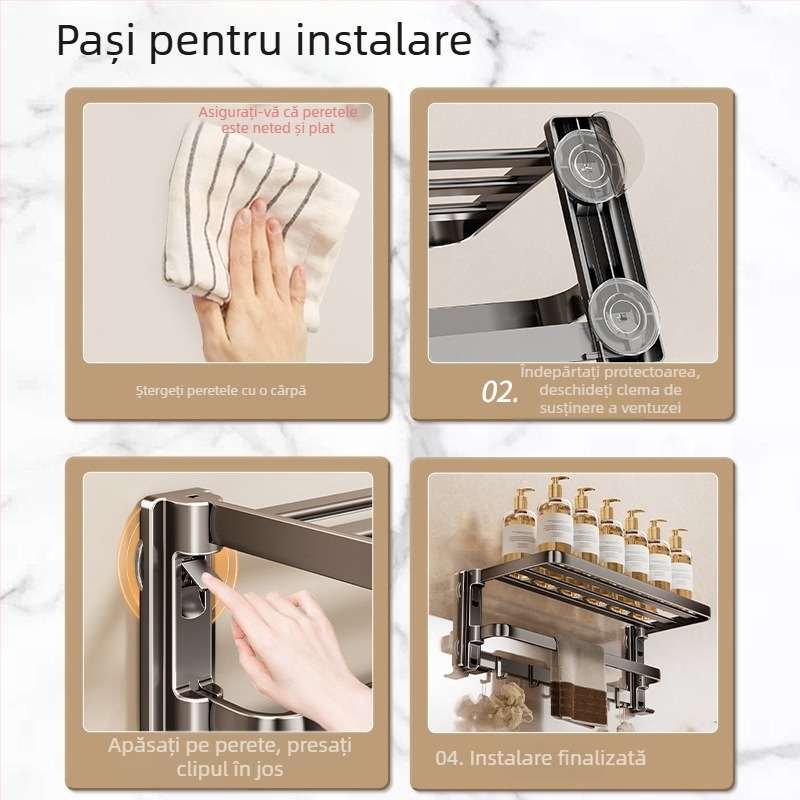 Raft de prosoape cu ventuză, fără găuri, cu suport de agățare integrat, cu două niveluri, detașabil, încărcare 10 kg