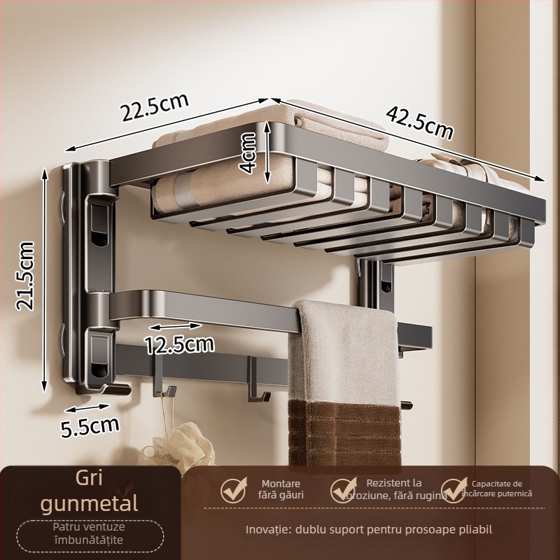 Raft de prosoape cu ventuză, fără găuri, cu suport de agățare integrat, cu două niveluri, detașabil, încărcare 10 kg