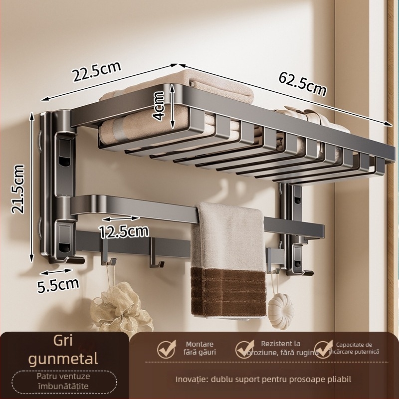 Raft de prosoape cu ventuză, fără găuri, cu suport de agățare integrat, cu două niveluri, detașabil, încărcare 10 kg