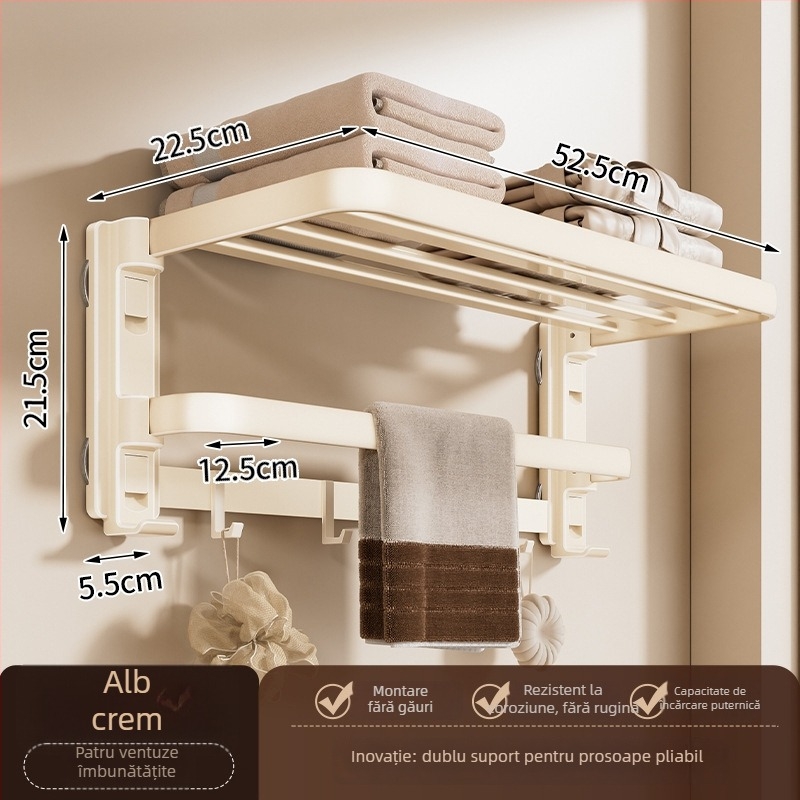 Raft de prosoape cu ventuză, fără găuri, cu suport de agățare integrat, cu două niveluri, detașabil, încărcare 10 kg