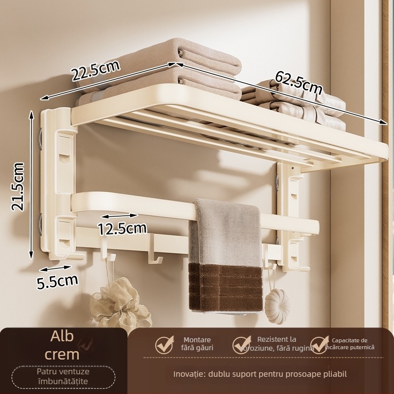 Raft de prosoape cu ventuză, fără găuri, cu suport de agățare integrat, cu două niveluri, detașabil, încărcare 10 kg