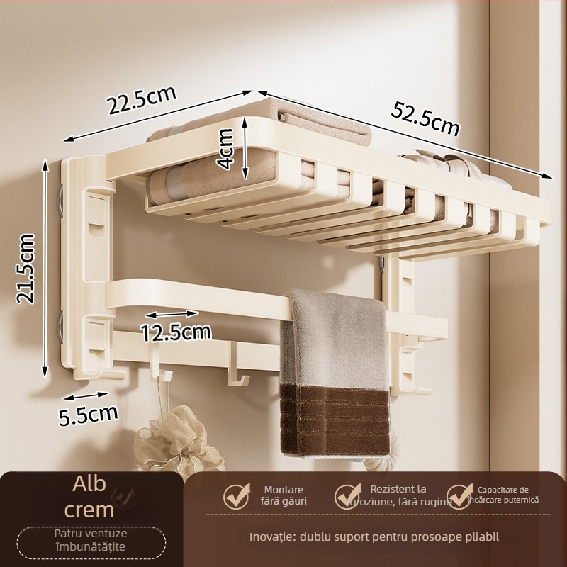 Raft de prosoape cu ventuză, fără găuri, cu suport de agățare integrat, cu două niveluri, detașabil, încărcare 10 kg