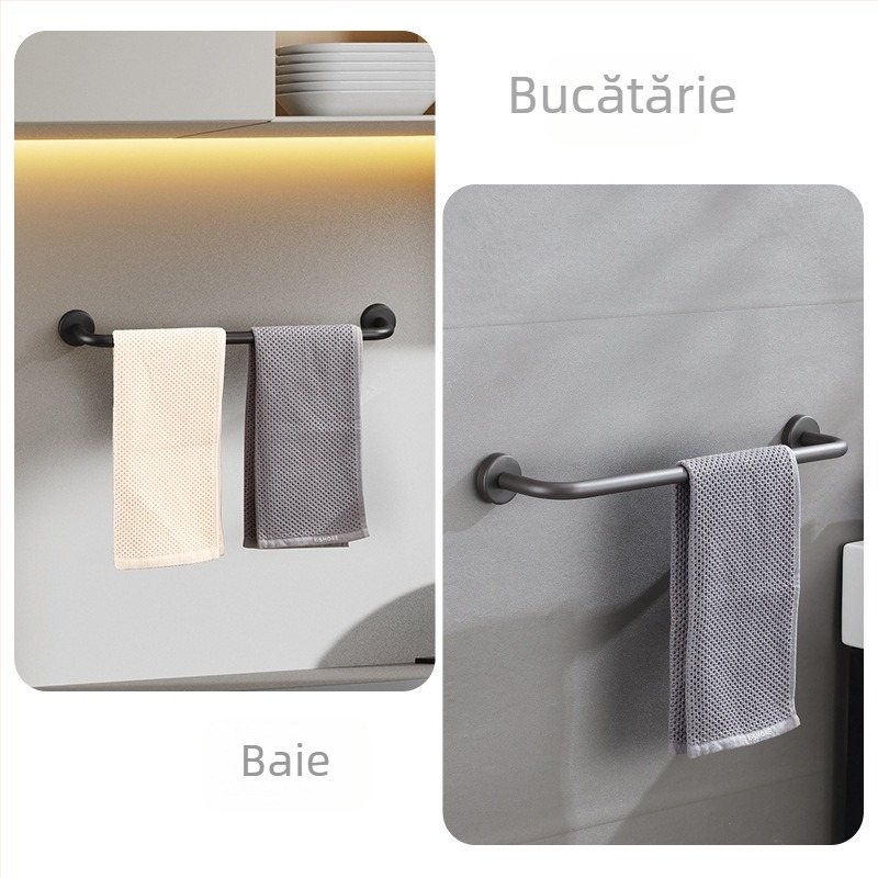 Bară de prosoape din oțel inox, montată pe perete, cu o singură tijă, încărcare 10 kg, finisaj electrostatic, montaj fără găuri, stil modern