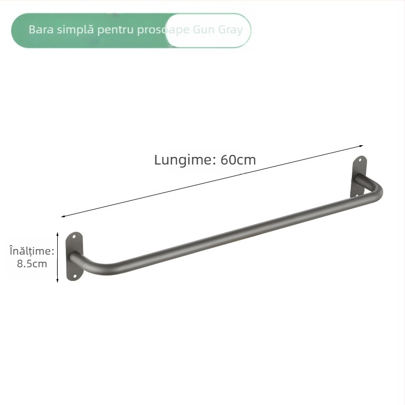 Bară de prosoape din oțel inox, montată pe perete, cu o singură tijă, încărcare 10 kg, finisaj electrostatic, montaj fără găuri, stil modern