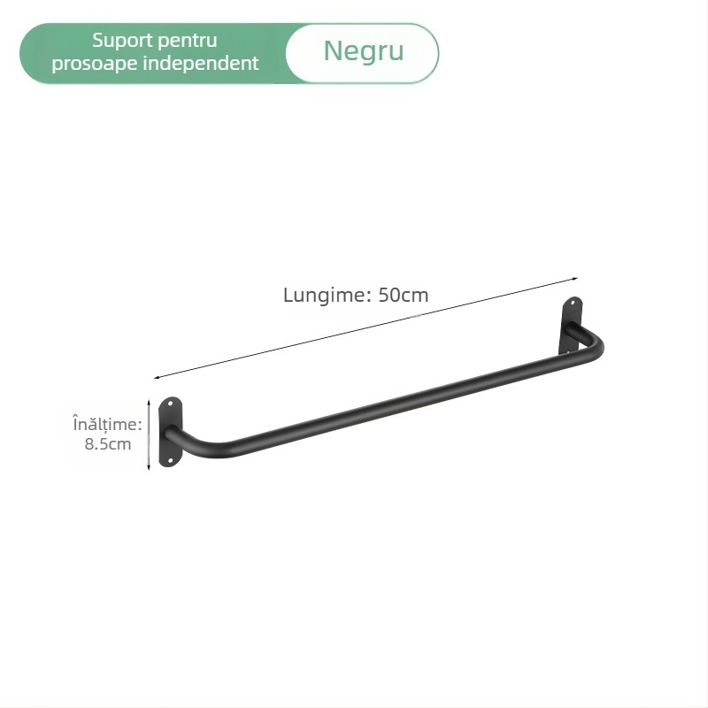 Bară de prosoape din oțel inox, montată pe perete, cu o singură tijă, încărcare 10 kg, finisaj electrostatic, montaj fără găuri, stil modern