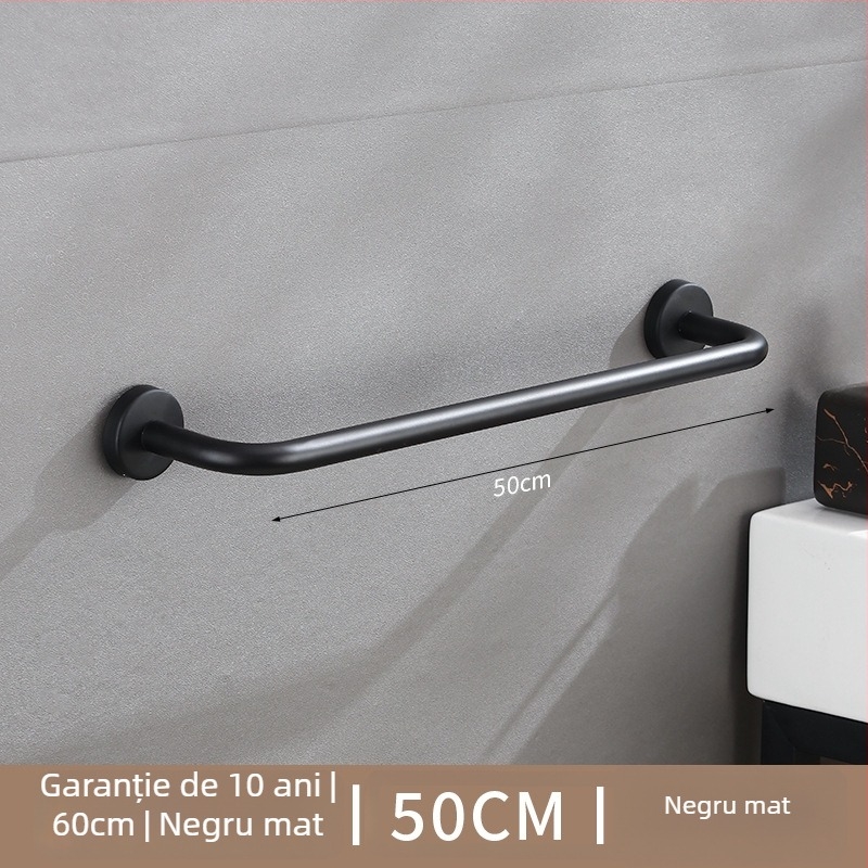 Bară de prosoape din oțel inox, montată pe perete, cu o singură tijă, încărcare 10 kg, finisaj electrostatic, montaj fără găuri, stil modern