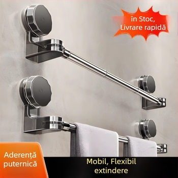 Uscător de prosoape cu ventuză, montaj fără găuri, telescopic pentru baie, din plastic și oțel inoxidabil