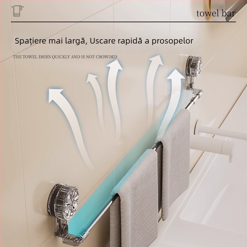 Uscător de prosoape cu ventuză, montaj fără găuri, telescopic pentru baie, din plastic și oțel inoxidabil
