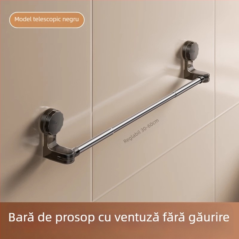Uscător de prosoape cu ventuză, montaj fără găuri, telescopic pentru baie, din plastic și oțel inoxidabil