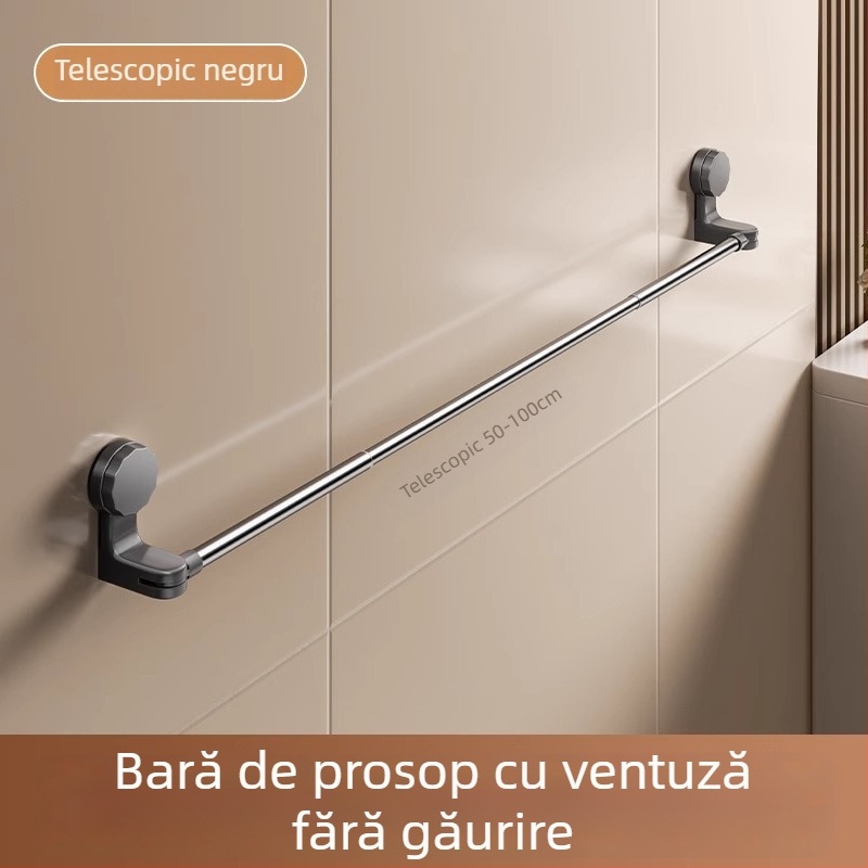 Uscător de prosoape cu ventuză, montaj fără găuri, telescopic pentru baie, din plastic și oțel inoxidabil