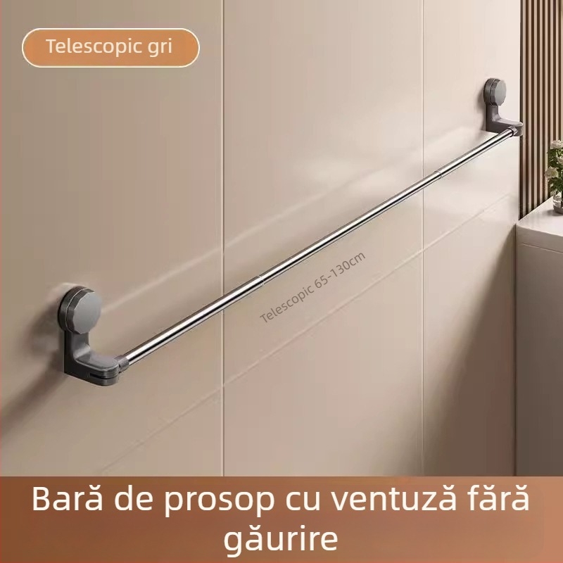 Uscător de prosoape cu ventuză, montaj fără găuri, telescopic pentru baie, din plastic și oțel inoxidabil