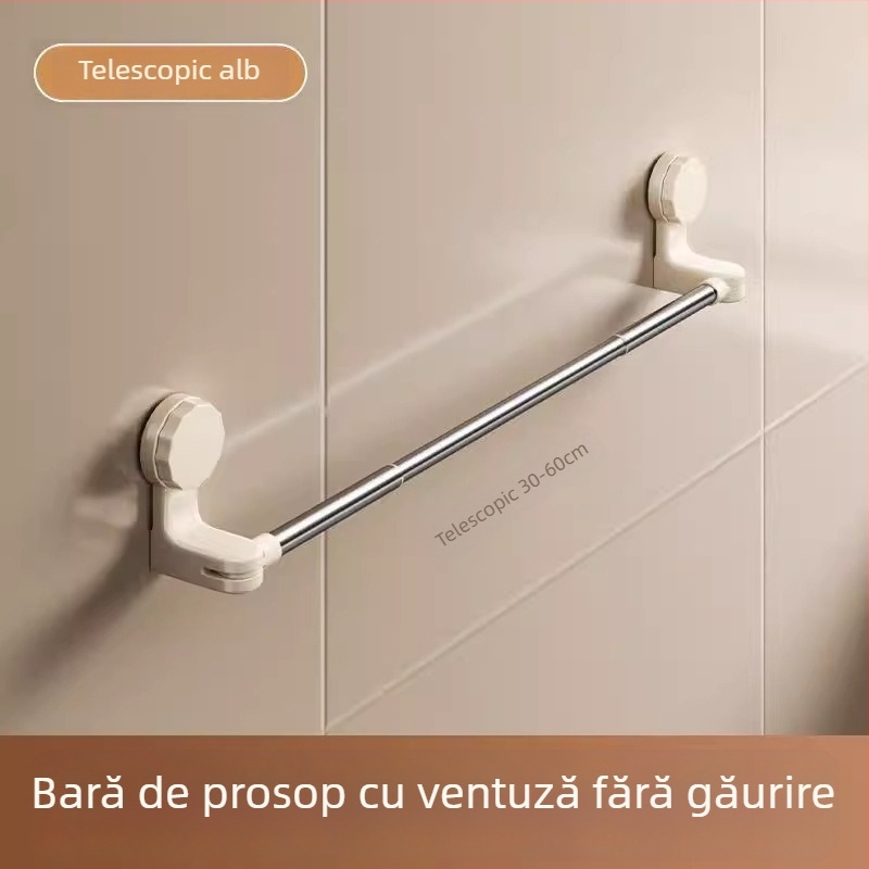 Uscător de prosoape cu ventuză, montaj fără găuri, telescopic pentru baie, din plastic și oțel inoxidabil