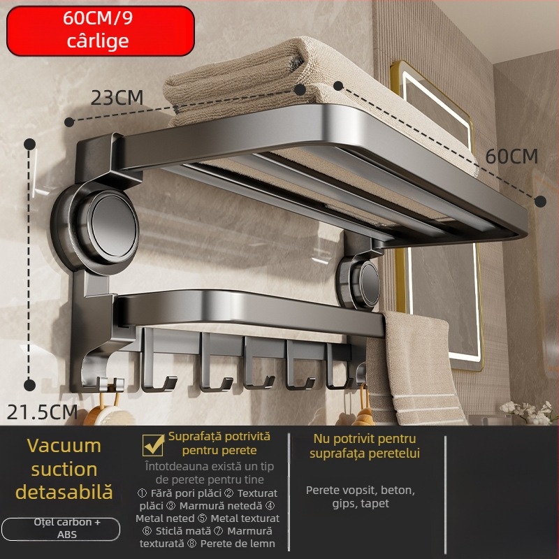 Oginsk suport metal pentru prosoape de baie cu ventuză — montaj fără găuri, raft de depozitare montat pe perete