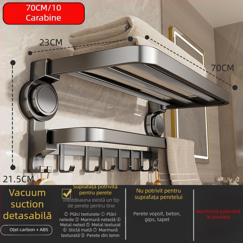 Oginsk suport metal pentru prosoape de baie cu ventuză — montaj fără găuri, raft de depozitare montat pe perete