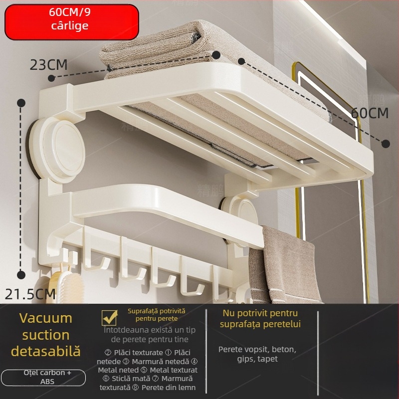 Oginsk suport metal pentru prosoape de baie cu ventuză — montaj fără găuri, raft de depozitare montat pe perete