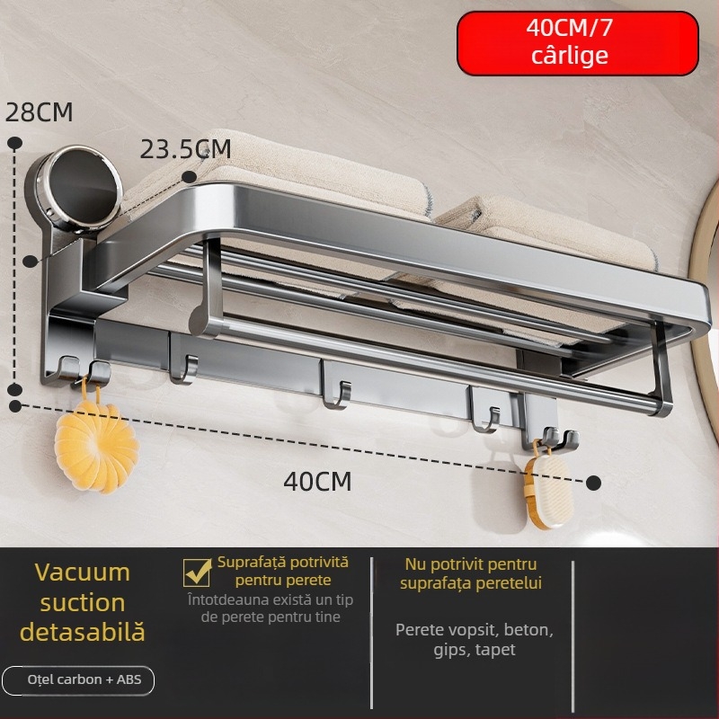 Oginsk suport metal pentru prosoape de baie cu ventuză — montaj fără găuri, raft de depozitare montat pe perete