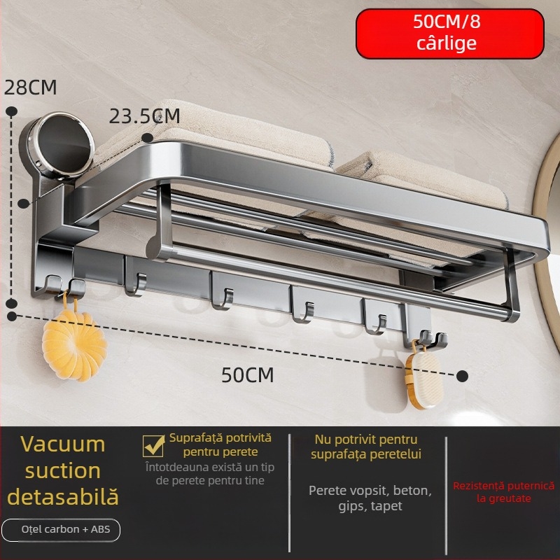 Oginsk suport metal pentru prosoape de baie cu ventuză — montaj fără găuri, raft de depozitare montat pe perete