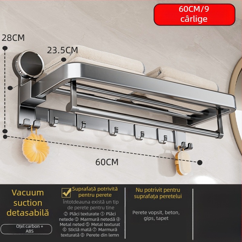 Oginsk suport metal pentru prosoape de baie cu ventuză — montaj fără găuri, raft de depozitare montat pe perete