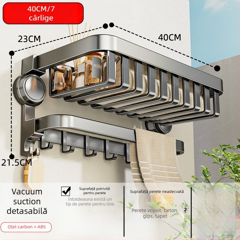 Oginsk suport metal pentru prosoape de baie cu ventuză — montaj fără găuri, raft de depozitare montat pe perete