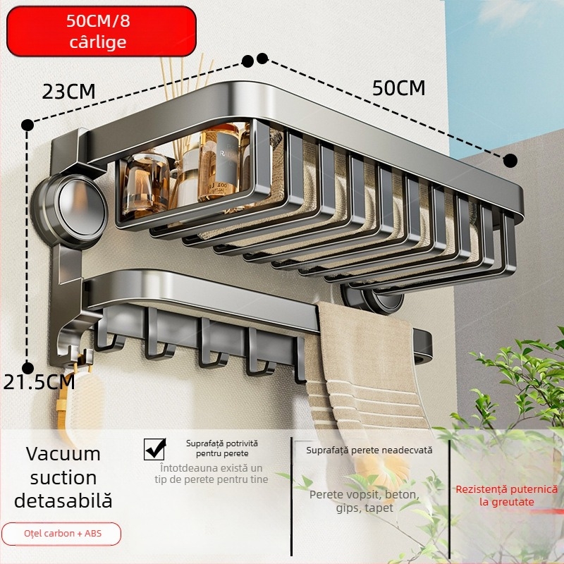 Oginsk suport metal pentru prosoape de baie cu ventuză — montaj fără găuri, raft de depozitare montat pe perete