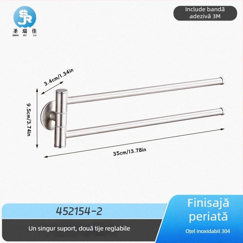 Suport pentru prosoape fără găuri din oțel inoxidabil 304 pentru baie, bară de prosoape rotativă și spațiu de depozitare, 2–4 niveluri