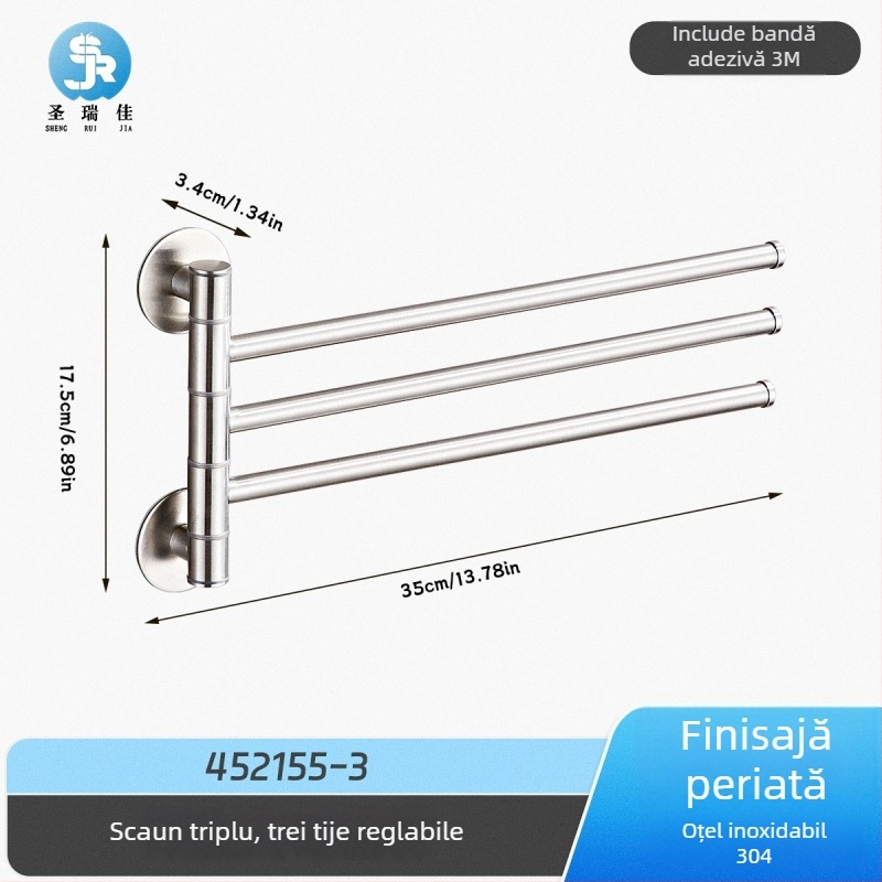 Suport pentru prosoape fără găuri din oțel inoxidabil 304 pentru baie, bară de prosoape rotativă și spațiu de depozitare, 2–4 niveluri