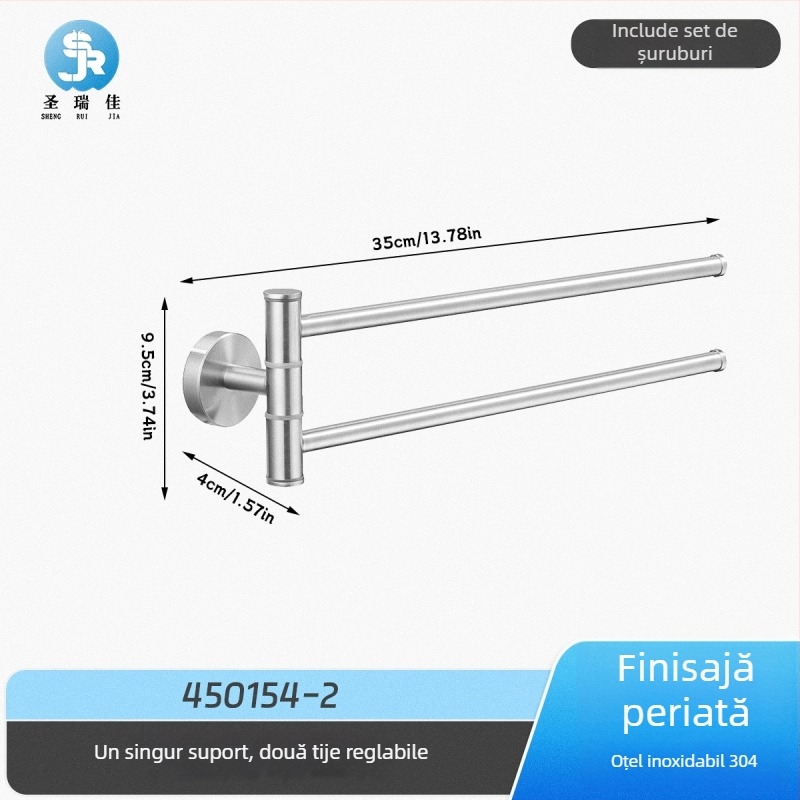 Suport pentru prosoape fără găuri din oțel inoxidabil 304 pentru baie, bară de prosoape rotativă și spațiu de depozitare, 2–4 niveluri