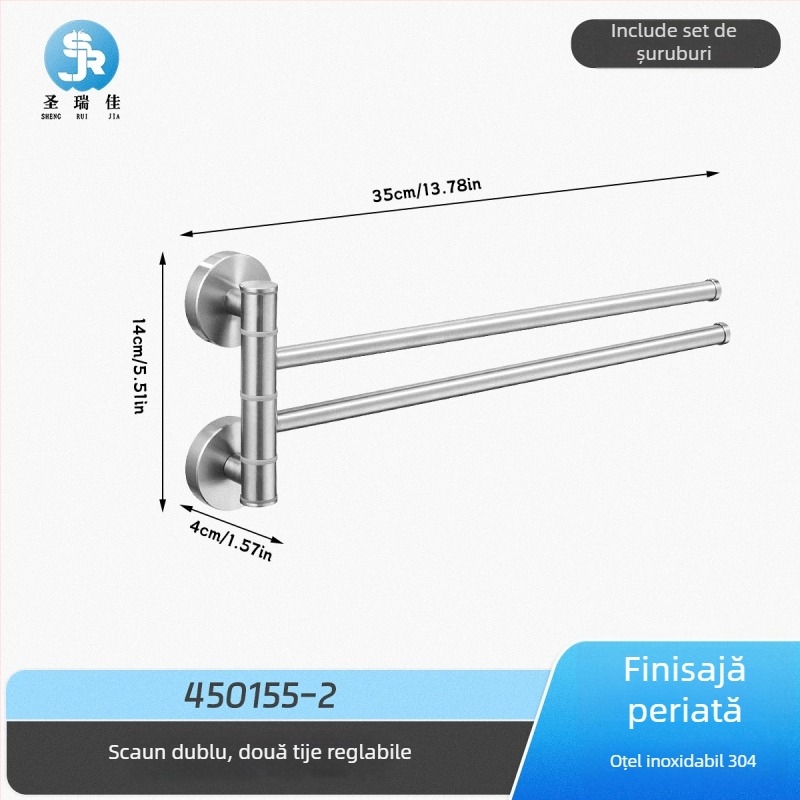 Suport pentru prosoape fără găuri din oțel inoxidabil 304 pentru baie, bară de prosoape rotativă și spațiu de depozitare, 2–4 niveluri