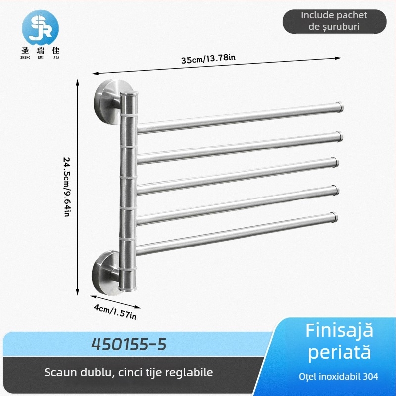 Suport pentru prosoape fără găuri din oțel inoxidabil 304 pentru baie, bară de prosoape rotativă și spațiu de depozitare, 2–4 niveluri