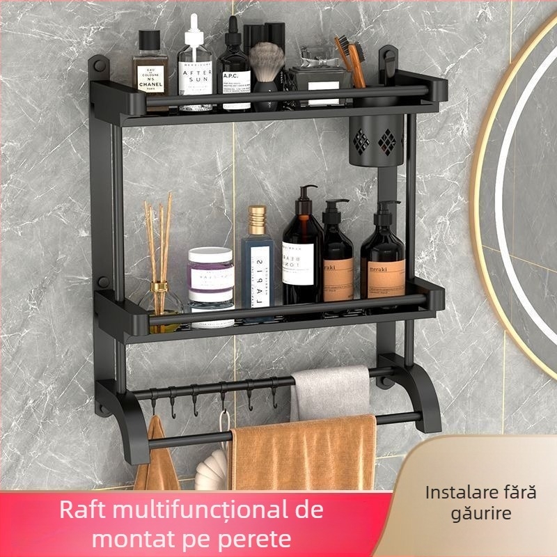 Raft de baie din oțel inoxidabil, 3 etaje, acoperire PVC, montat pe perete fără găuri, pentru produse de igienă și prosoape