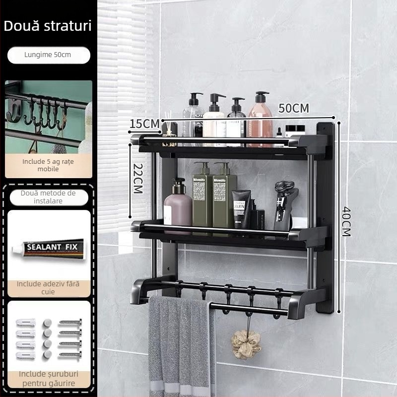 Raft de baie din oțel inoxidabil, 3 etaje, acoperire PVC, montat pe perete fără găuri, pentru produse de igienă și prosoape