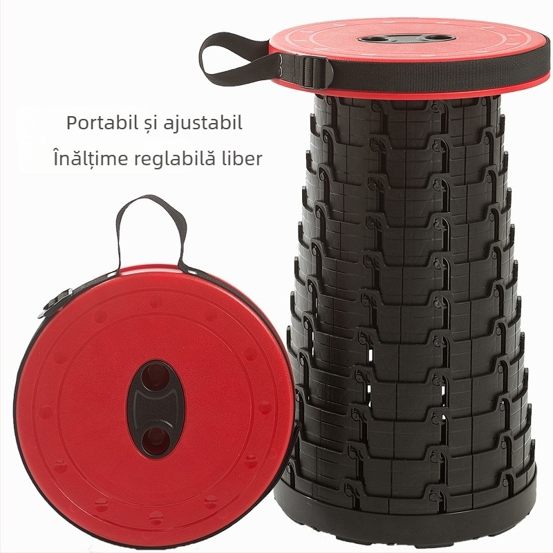 Scaun pliabil de călătorie — scaun portabil cu șezut rotund din PP plastic, rezistență până la 100 kg, greutate 980 g, pliabil