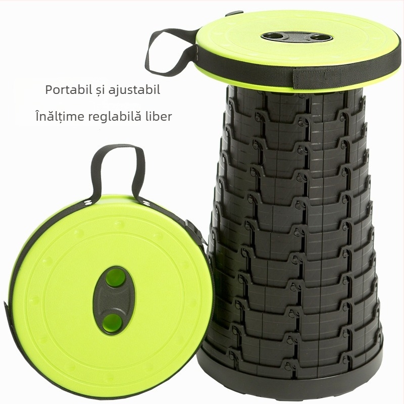 Scaun pliabil de călătorie — scaun portabil cu șezut rotund din PP plastic, rezistență până la 100 kg, greutate 980 g, pliabil