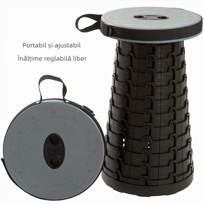 Scaun pliabil de călătorie — scaun portabil cu șezut rotund din PP plastic, rezistență până la 100 kg, greutate 980 g, pliabil