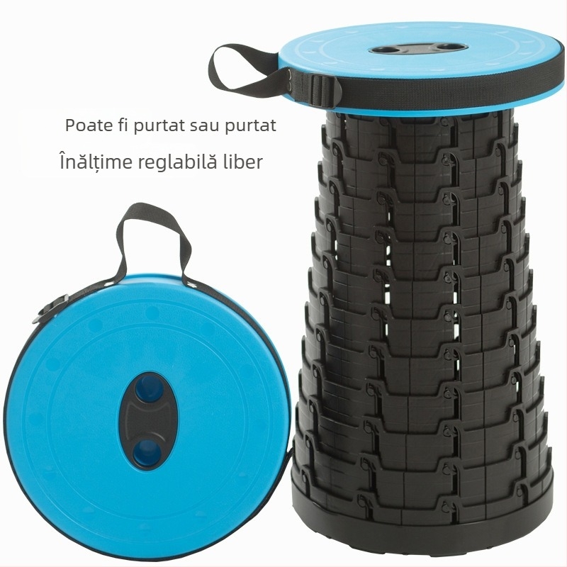 Scaun pliabil de călătorie — scaun portabil cu șezut rotund din PP plastic, rezistență până la 100 kg, greutate 980 g, pliabil
