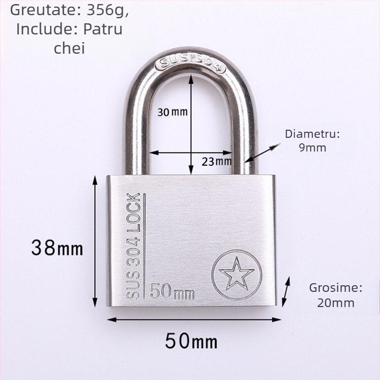 Lacăt din oțel inoxidabil 304, anti-furt, impermeabil, deschidere dreptunghiulară, model Sbe, design modern minimalist