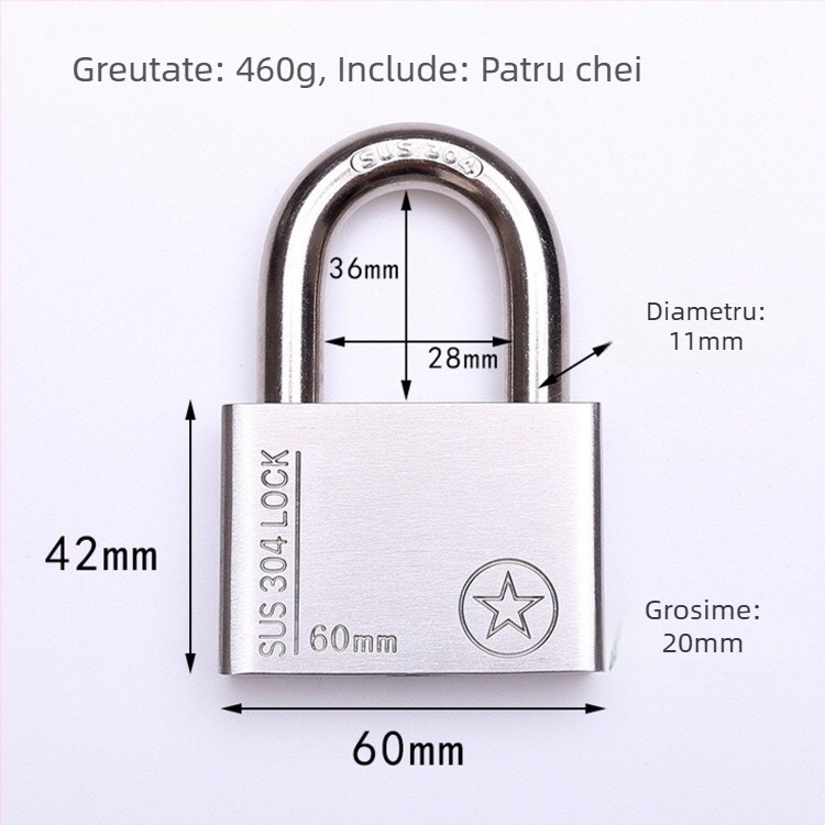 Lacăt din oțel inoxidabil 304, anti-furt, impermeabil, deschidere dreptunghiulară, model Sbe, design modern minimalist